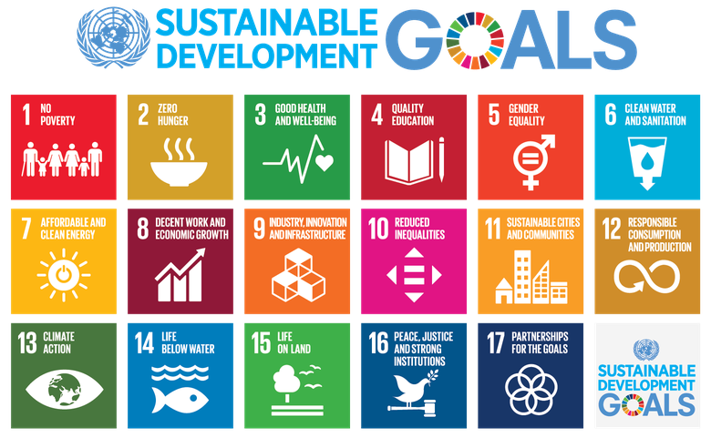 An overview of the 17 sustainable development goals of the United Nations. These goals are: 1. no poverty, 2. no hunger, 3. good health and well-being, 4. quality education, 5. gender equality, 6. clean water and sanitation, 7. affordable and clean energy, 8. decent work and economic growth, 9. industry, innovation and infrastructure, 10. reduced inequality, 11. sustainable cities and communities, 12. responsible consumption and production, 13. climate action, 14. life below water, 15. life on land, 16. peace, justice and strong institutions, 17. partnerships for the goals
