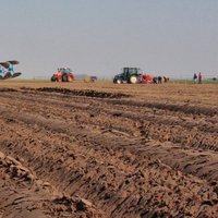 Twee onderzoekers doen bodemonderzoek in een akkerveld met op de achtergrond verschillende tractoren -- klik op de afbeelding om te vergroten
