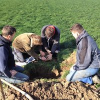 Onderzoekers doen bodemonderzoek in een grasveld -- klik op de afbeelding om te vergroten