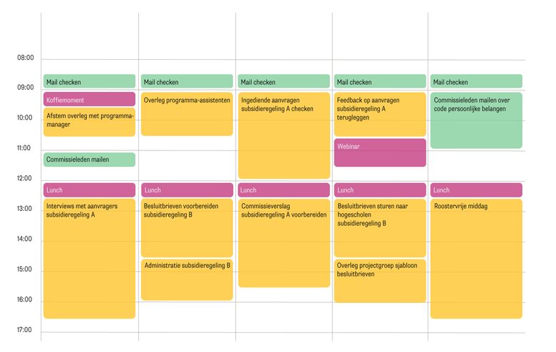 Weekagenda van een programma-assistent subsidierondes bij Regieorgaan SIA. De agenda beschrijft meerdere overleggen, het sturen van brieven aan commissieleden en het checken van de mailbox. Elke dag om 12:30 uur is er een half uur lunchpauze. Aan het einde van de week, op vrijdagmiddag, is er een roostervrije middag ingepland.